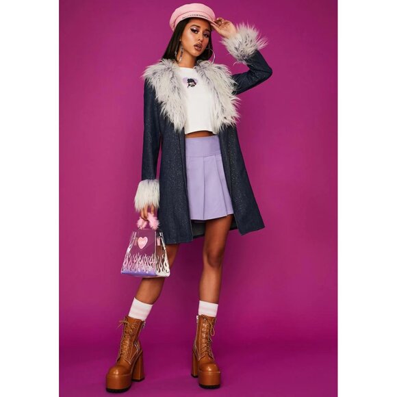 💋GORG!💋LIMITED EDITION FAUX MONGOLIAN FUR COLLAR GLITTERY DENIM AFGHAN COAT - Picture 13 of 16